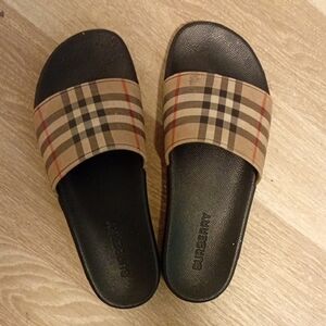 Burberry Black and Tan Plaid Slides